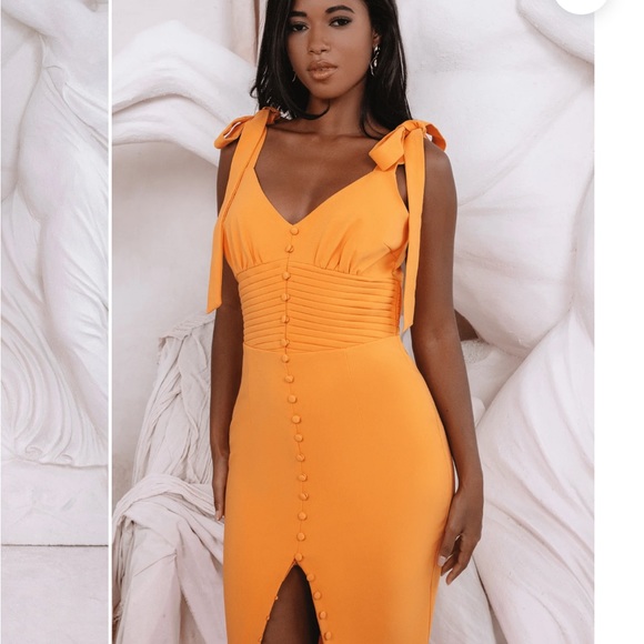 KAMILA TIE STRAP MICRO BUTTON MIDI DRESS IN ORANGE - Picture 3 of 5